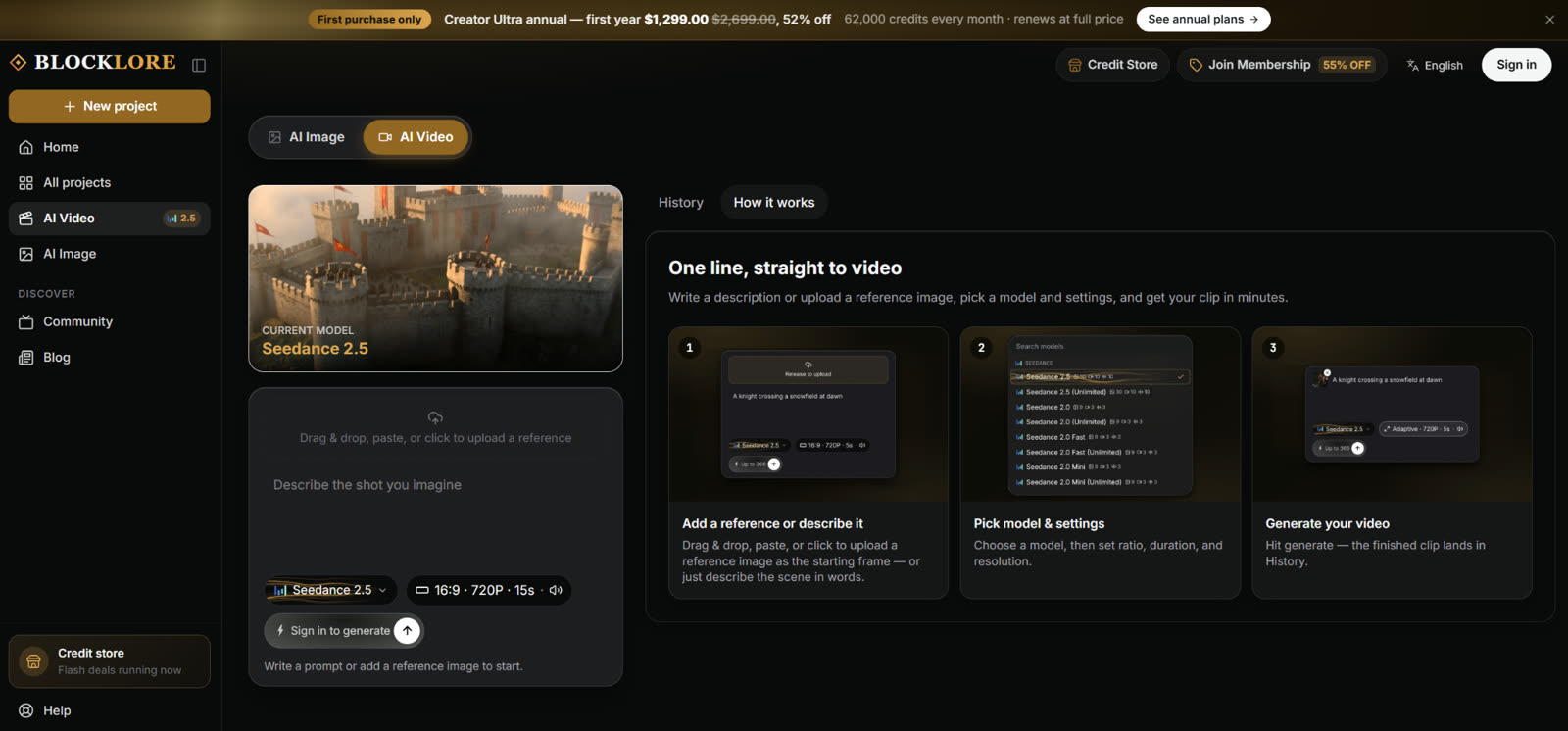 The new AI Video panel: one line, straight to video